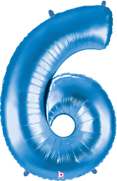 Shiny blue foil balloon shaped like the number 6, 34 inches tall, metallic finish.