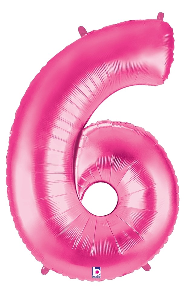 Shiny pink foil balloon shaped as number six, 34 inches tall, with hanging tabs.