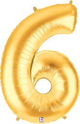 Gold foil balloon shaped as the number 6, 34 inches tall with a shiny metallic finish.