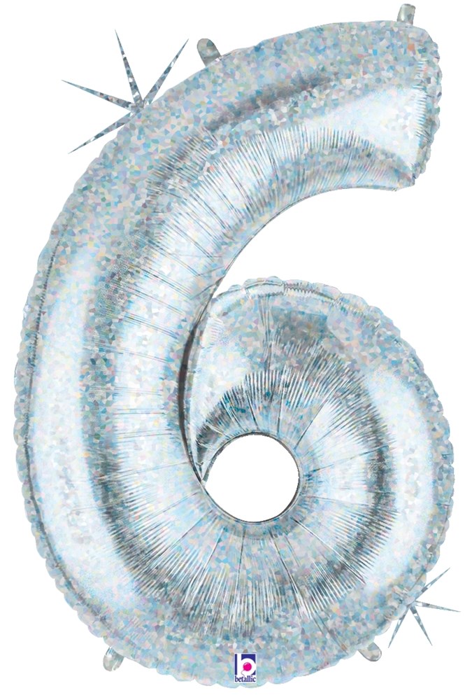 34-inch silver holographic foil balloon shaped as the number 6 with a shiny, reflective surface.