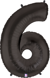 Black foil balloon shaped as the number 6, 34 inches tall, shiny surface.