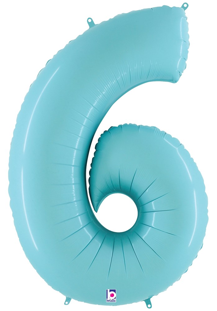 Pastel blue foil balloon shaped as number 6, shiny surface, 34 inches tall.