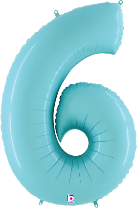 Pastel blue foil balloon shaped as number 6, 34 inches tall, shiny surface.