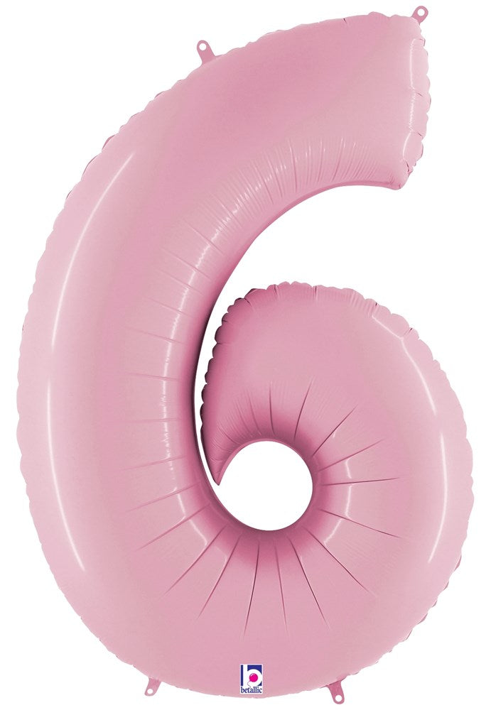 Pastel pink 34-inch foil balloon shaped as the number 6 with a glossy finish and hanging tabs.