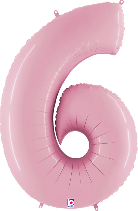 Pastel pink foil balloon shaped as the number 6, 34 inches tall, shiny surface.