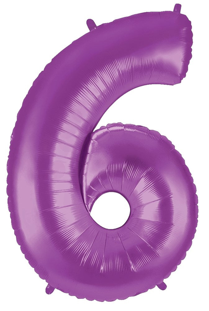 Purple metallic foil balloon shaped like the number 6, shiny surface, 34 inches tall.
