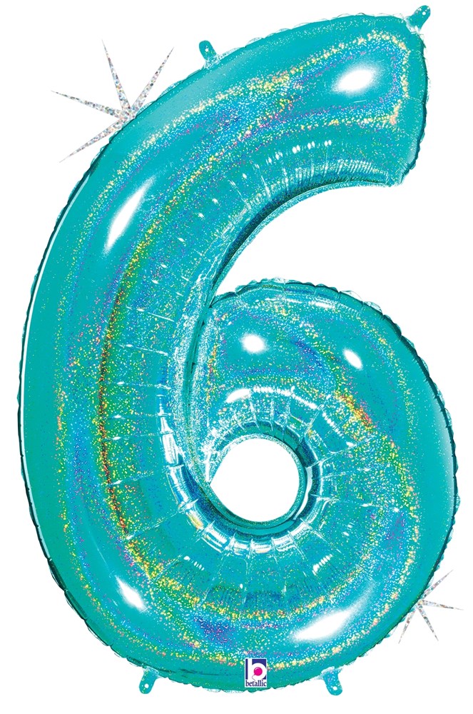 34-inch holographic robin's egg blue foil balloon shaped like the number 6 with glitter accents.