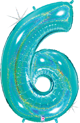 34-inch holographic foil balloon shaped like the number 6 in robin's egg blue with glitter accents.