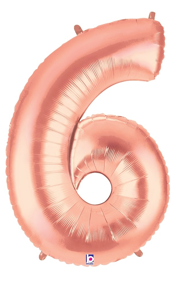 Rose gold metallic foil balloon shaped like the number 6, 34 inches tall.