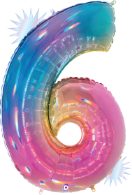 34-inch holographic foil balloon shaped like the number 6 with opal rainbow colors.