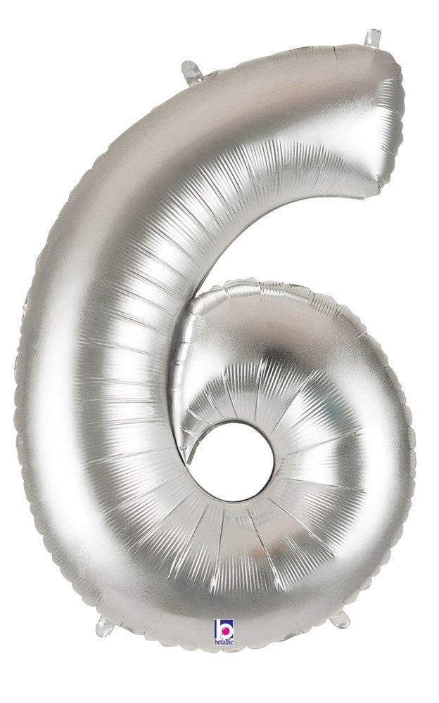 Silver foil balloon shaped like the number 6, 34 inches tall with a shiny metallic finish.