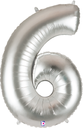 Shiny silver foil balloon shaped like the number 6, inflated and metallic finish.