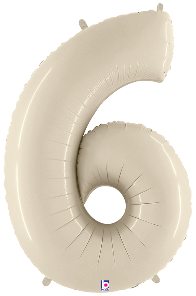 34-inch white sand foil balloon shaped like the number 6 with a shiny finish.