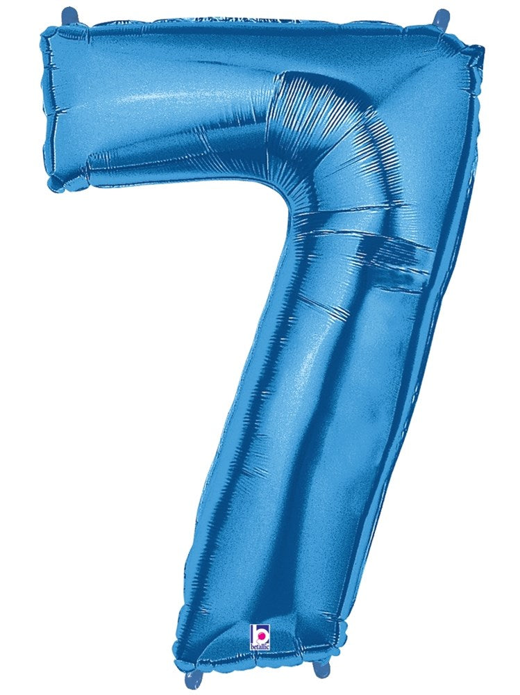 Shiny metallic blue foil balloon shaped as the number 7, 34 inches tall.