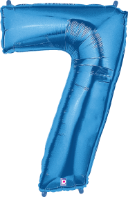 Shiny blue foil balloon shaped like number 7, 34 inches tall, reflective surface.