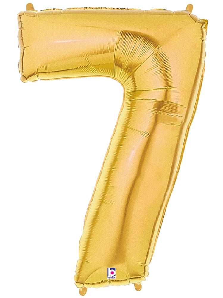 Shiny gold foil balloon shaped as the number 7, 34 inches tall, inflated and glossy.