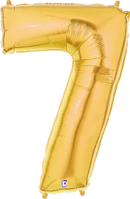 Gold foil balloon shaped as the number 7, 34 inches tall with a shiny metallic finish.
