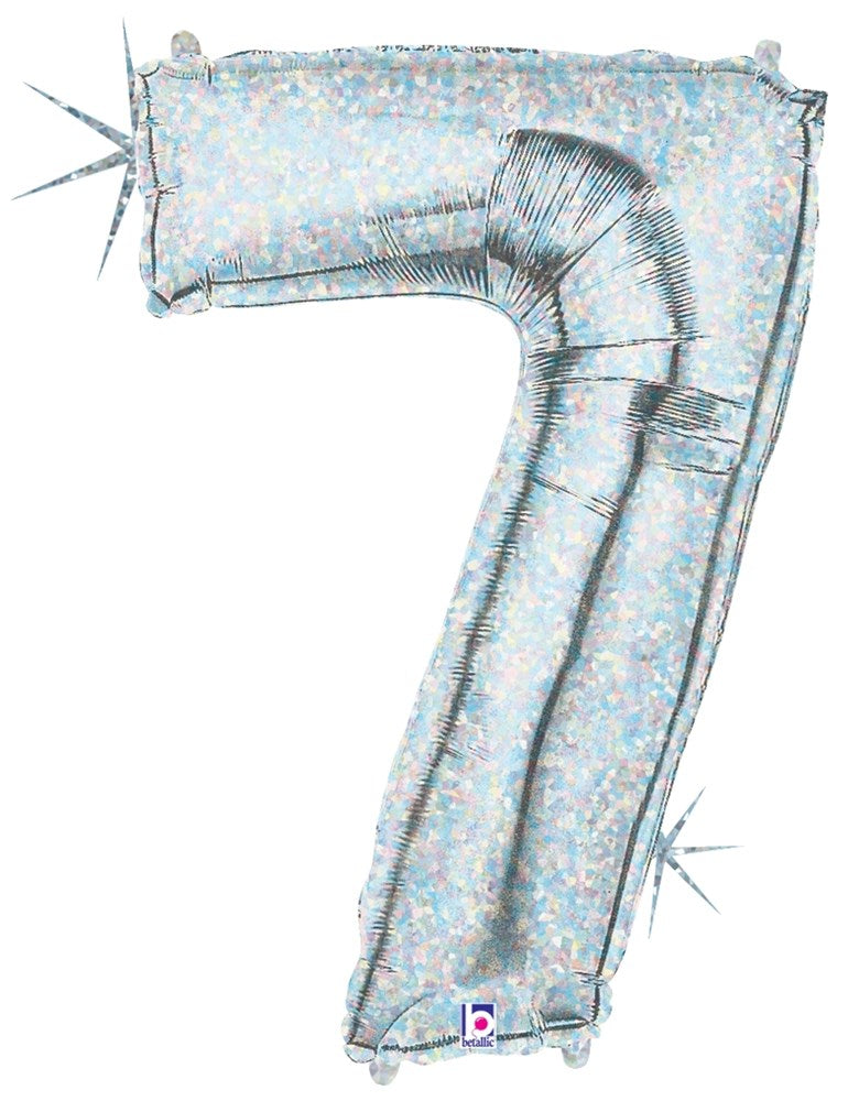 34-inch silver holographic foil balloon shaped like the number 7 with a shiny finish.