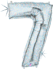 Silver holographic foil balloon shaped as the number 7, 34 inches tall.