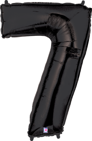 Black foil balloon shaped as the number 7, 34 inches tall with a shiny surface.
