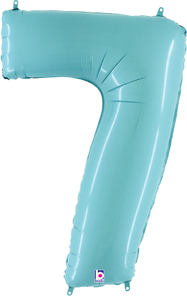Pastel blue foil balloon shaped as the number 7, 34 inches tall, shiny surface.