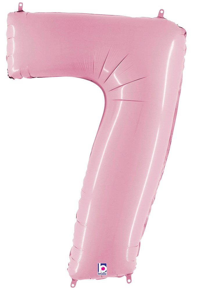 Large pastel pink foil balloon shaped as the number 7, 34 inches tall.