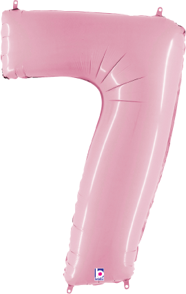 Pastel pink foil balloon shaped as the number 7, 34 inches tall, glossy finish.