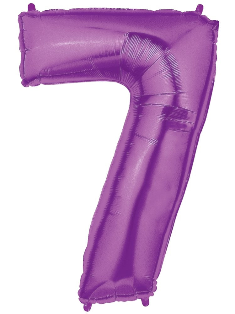Purple foil balloon shaped as the number 7, 34 inches tall with a shiny metallic finish.
