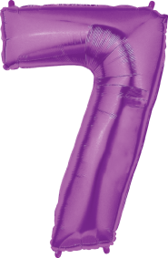 Purple foil balloon shaped as the number 7, 34 inches tall, shiny surface.