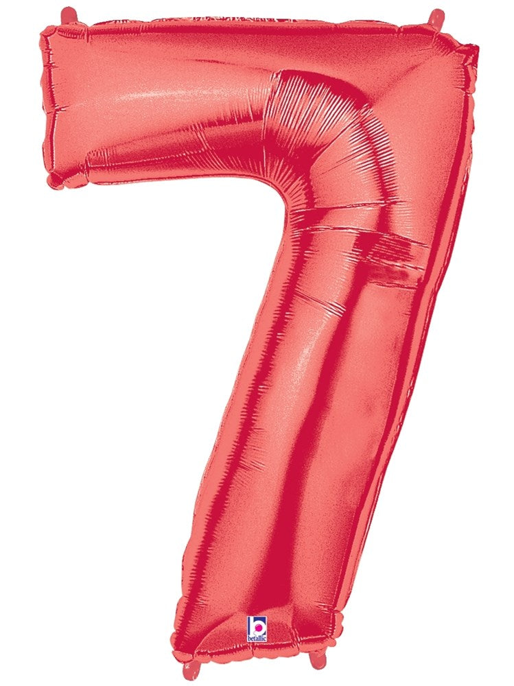 Shiny red foil balloon shaped as the number 7, 34 inches tall, with visible seams and a glossy finish.