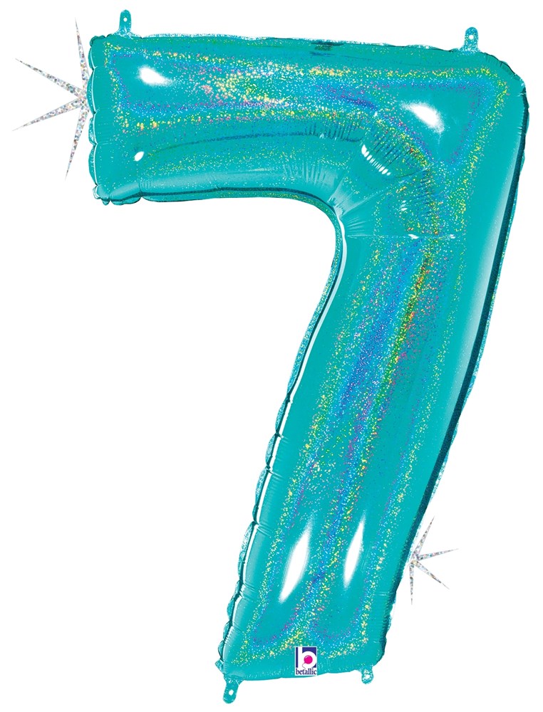 Robin's egg blue holographic foil balloon shaped as the number 7, 34 inches tall with glittery finish.