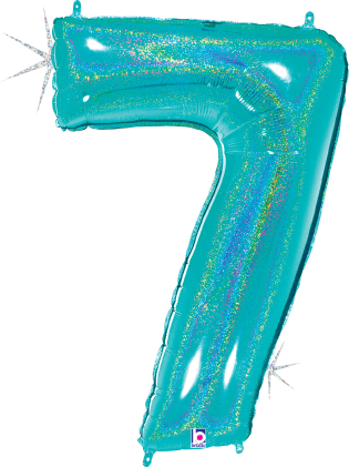 Holographic robin's egg blue foil balloon shaped as the number 7, 34 inches tall.