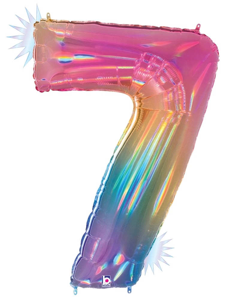 34-inch holographic foil balloon shaped like the number 7 with opal rainbow colors.
