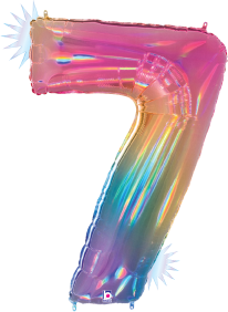 34-inch holographic foil balloon shaped like the number 7 with opal rainbow colors.