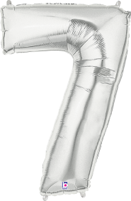 Silver foil balloon shaped like the number 7, 34 inches tall, shiny metallic finish.