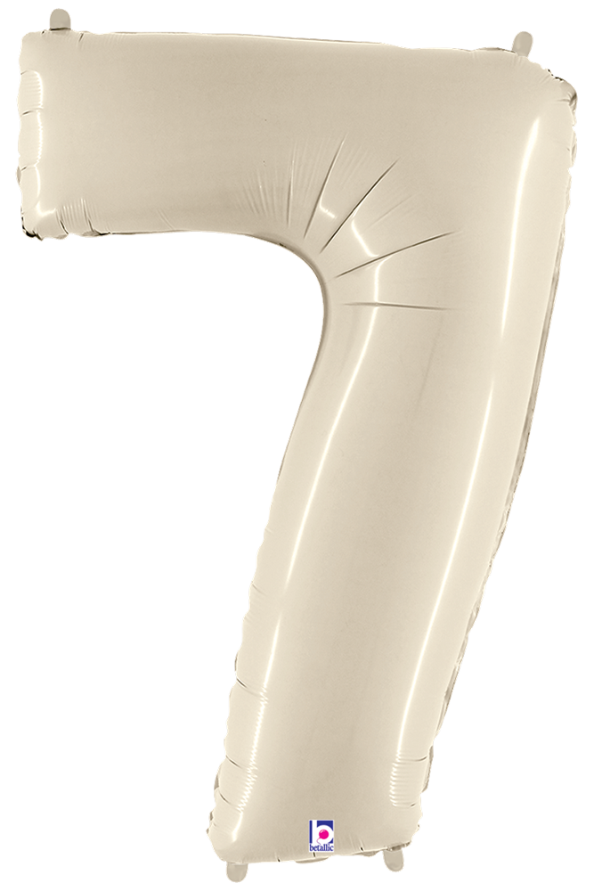 34-inch white foil balloon shaped like the number 7 with subtle creases and a matte finish.