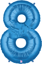 Blue foil balloon shaped like the number 8 with a shiny metallic finish.