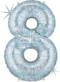 34-inch holographic silver foil balloon shaped like the number 8 with reflective sparkle effect.