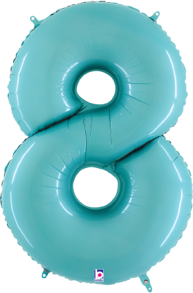 Pastel blue foil balloon shaped as the number 8 with a shiny finish, 34 inches tall.