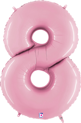 Pastel pink foil balloon shaped as number 8, 34 inches tall with glossy finish.