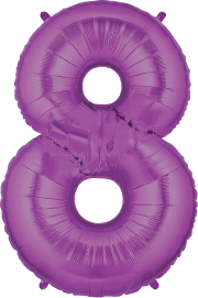 Purple metallic foil balloon shaped like the number 8, 34 inches tall.