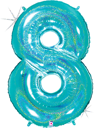 34-inch holographic robin's egg blue foil balloon shaped as number 8 with glitter effect.
