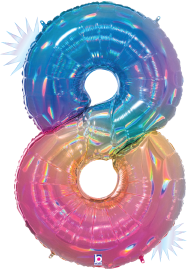 34-inch holographic foil balloon shaped like number 8 with opal rainbow colors.