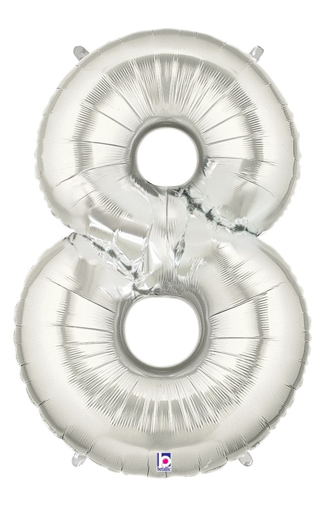 Shiny silver foil balloon shaped as number 8 with reflective surface, 34 inches tall.