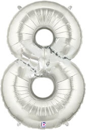 Silver foil balloon shaped as the number 8 with two loops and a shiny metallic finish.