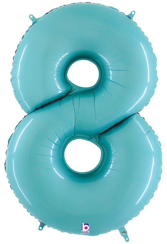 Pastel blue foil balloon shaped as the number 8, 34 inches tall, shiny surface.
