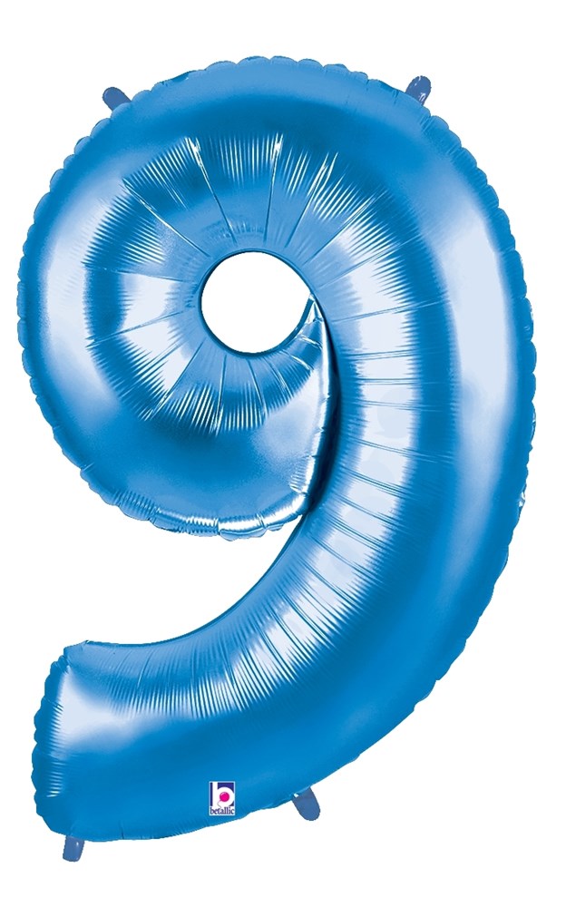 Shiny metallic blue foil balloon shaped like the number 9, 34 inches tall.