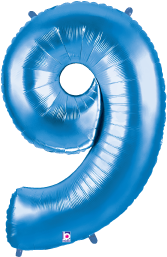 Blue metallic foil balloon shaped as the number 9, 34 inches tall, shiny surface.