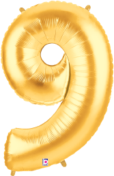Gold metallic foil balloon shaped as the number 9, 34 inches tall, shiny finish.