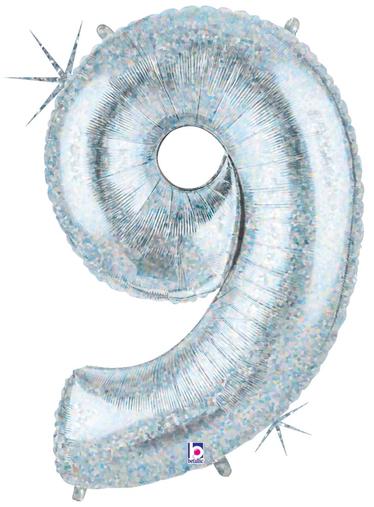 Silver holographic foil balloon shaped like the number 9, 34 inches tall with shiny reflective surface.